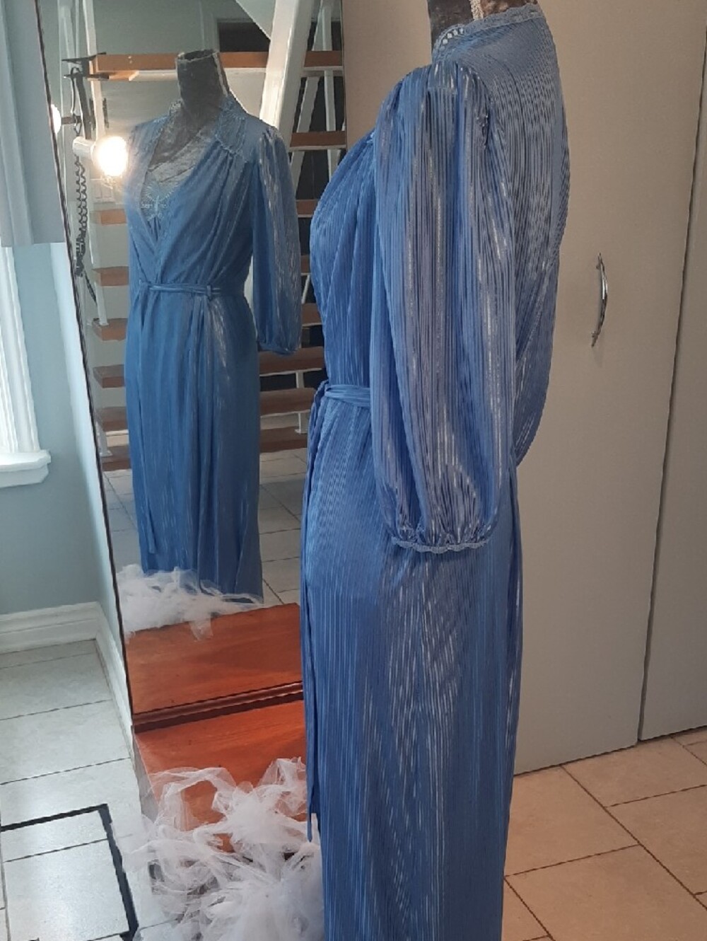 🦋COORD SET🦋BUTTERFLY Light Blue VINTAGE Negligee+Wrap Robe Self-Tie Belt Sz M - Picture 6 of 11